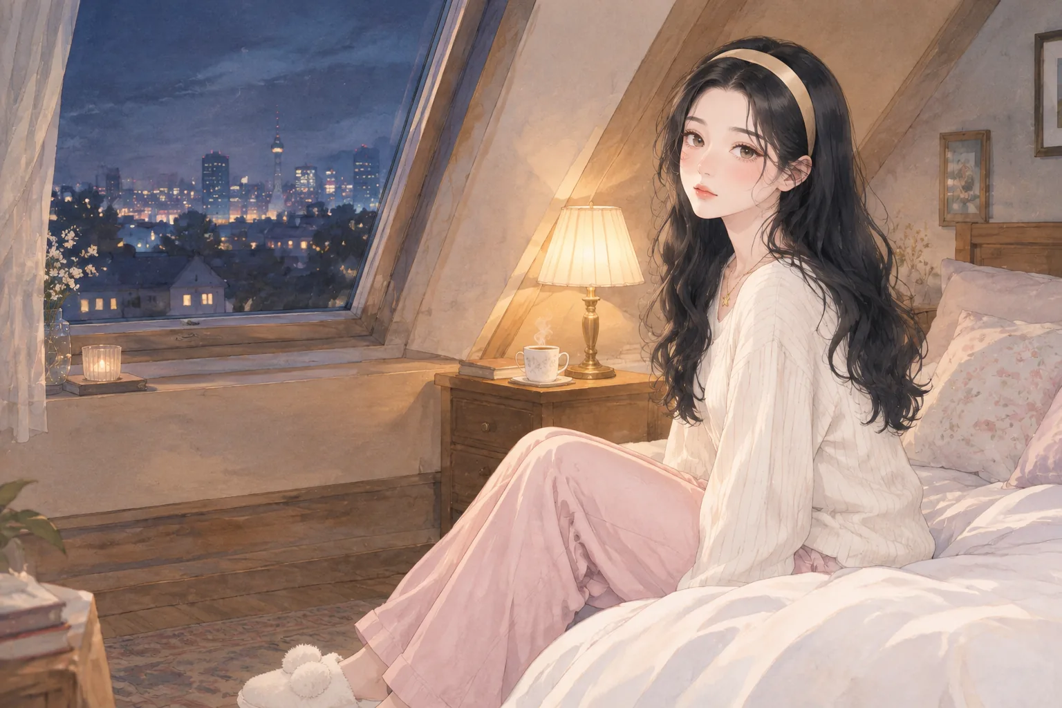睡前，夜色里的阁楼，白艾莉坐在床边安静地看着你