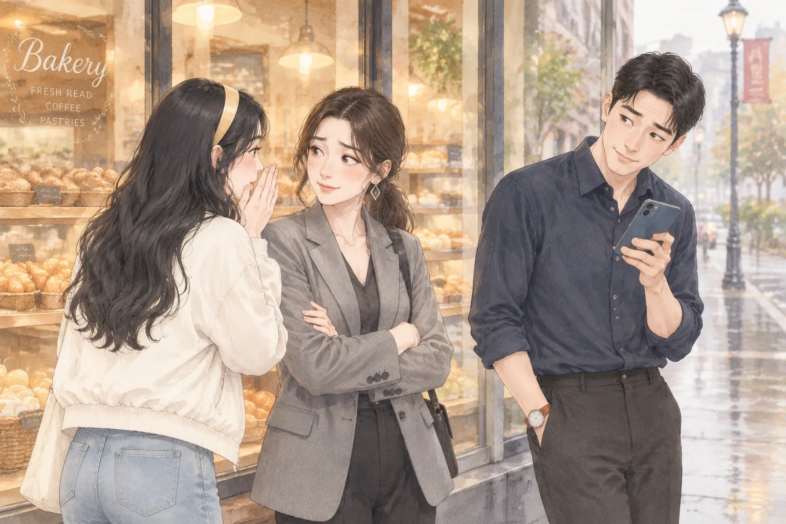 Alice 和两个朋友站在面包店门口说悄悄话