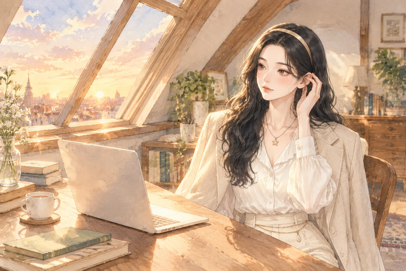 白艾莉在窗边工作