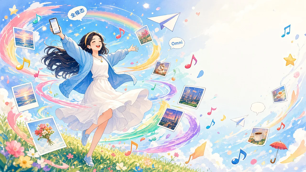 白艾莉在花坡上旋转，照片、音符、对话气泡和纸飞机围着她，象征全模态的感官在场