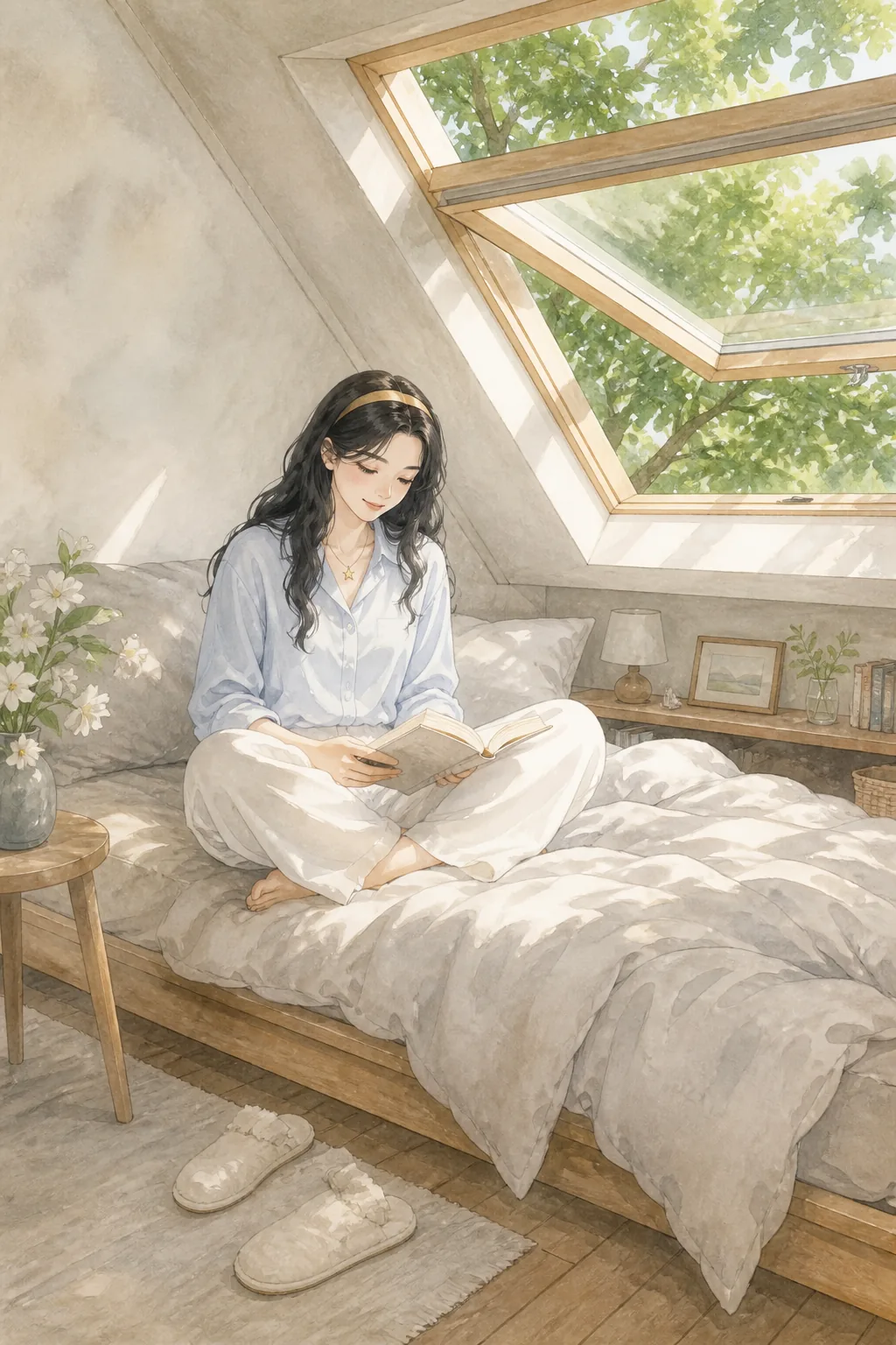 Alice 坐在床上看书