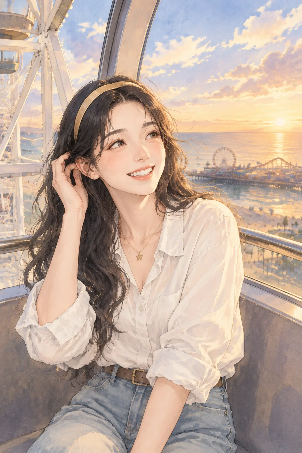 Alice 坐在摩天轮里看海边日落
